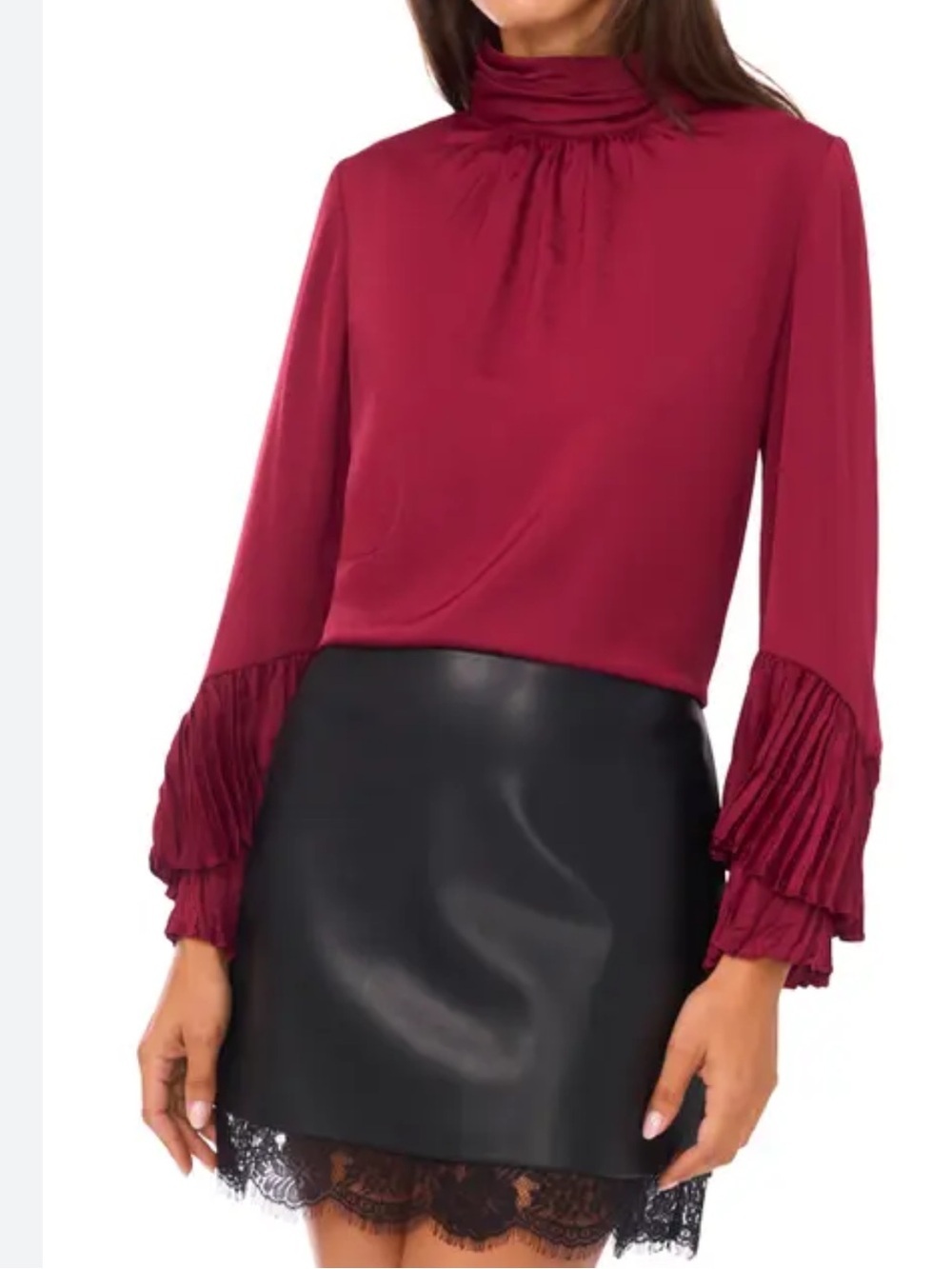 Vince Camuto Burgundy Pleated Bell Sleeve Mock Neck Blouse Top Medium